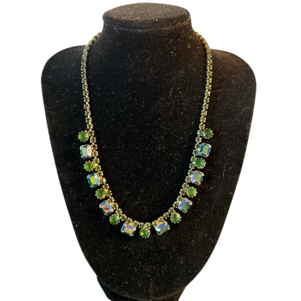 Blue Green Rose Gold Tone Round Cushion Rhinestone Necklace VTG